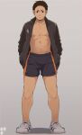  1boy 8_(yamalu) abs bara bare_pectorals black_hair black_jacket black_shorts closed_mouth grey_background haikyuu!! hands_in_pockets jacket large_pectorals looking_at_viewer male_focus muscular muscular_male navel open_clothes open_jacket pectorals sawamura_daichi shoes short_hair shorts sideburns smile sneakers solo sportswear standing volleyball_uniform 