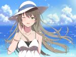  1girl absurdres brown_hair day dress furai_art green_eyes hat highres looking_at_viewer miyazawa_fuuka ocean one_eye_closed outdoors shiroi_suna_no_aquatope solo summer sun_hat upper_body water_drop white_dress white_headwear 