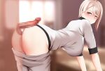  1boy 1girl all_fours ass blonde_hair blurry blurry_background blush breasts censored clothes_pull commentary_request ginhaha imminent_penetration large_breasts looking_at_viewer looking_back mosaic_censoring nakiri_alice panties pants pants_pull panty_pull penis pussy red_eyes shokugeki_no_souma short_hair short_sleeves testicles underwear 