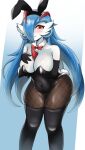  1girl animal_ears ass bare_shoulders between_breasts black_legwear blue_hair blush bow bowtie breasts covered_navel detached_collar fake_animal_ears fang fishnet_legwear fishnets gardevoir hair_over_one_eye hand_on_own_chest highres large_breasts legs_apart original playboy_bunny pokemon pokemon_(creature) rabbit_tail red_eyes scrapy skin_fang solo tail thick_thighs thighhighs thighs two-tone_background wide_hips 