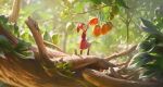  1girl arrietty brown_hair clothes_pin day dress food forest fruit fruit_tree highres leaf leesuyeon long_hair minigirl nature outdoors ponytail red_dress solo studio_ghibli tree 