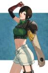 1girl absurdres arm_at_side armor armpits bangs blue_background breasts brown_eyes brown_gloves brown_hair commentary crop_top elbow_gloves final_fantasy final_fantasy_vii fingerless_gloves garter_straps gloves green_sweater hand_up headband highres looking_at_viewer medium_breasts midriff navel outside_border pauldrons ribbed_sweater sanyo_(wkfv3874) short_hair shorts shoulder_armor single_pauldron sleeveless sleeveless_turtleneck smile solo sweater swept_bangs texture thighhighs turtleneck turtleneck_sweater white_shorts yuffie_kisaragi 