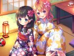  2girls :d absurdres asa_no_ha_(awayuki) bangs barefoot black_hair blunt_bangs blush breasts brown_hair closed_mouth commentary_request cup eyebrows_behind_hair floral_print flower hair_flower hair_ornament hairclip highres indoors japanese_clothes kimono knees_up lantern large_breasts long_hair looking_at_viewer mimikaki_rifure multiple_girls obi official_art open_mouth purple_eyes sash seiza sitting smile soles somei_yoshino_(mimikaki_rifure) table tatami teeth toes upper_teeth window 