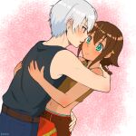  1boy 1girl amy_(suisei_no_gargantia) bare_shoulders blue_eyes blush braid brown_hair closed_mouth hetero hug kokko ledo_(suisei_no_gargantia) navel open_mouth short_hair silver_hair simple_background skirt suisei_no_gargantia 