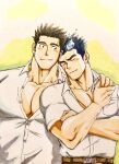  2boys alternate_pectoral_size bara belt blush brown_hair fle0423 head_on_another&#039;s_shoulder holding_hands large_pectorals leaning_on_person male_focus master_3_(housamo) multiple_boys muscular muscular_male partially_unbuttoned pectoral_cleavage pectorals shirt short_hair sideburns smile toji_(housamo) tokyo_afterschool_summoners upper_body white_shirt yaoi 