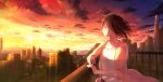  1girl absurdres bird brown_hair building city cloud highres jacket looking_to_the_side medium_hair original otsune_(pixiv_36350590) outdoors railing scenery shirt skyscraper solo standing sunset white_shirt 