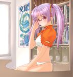  1girl adjusting_eyewear ahoge bandeau bear blush book bookshelf closed_mouth cropped_jacket desk glasses hair_ornament midriff no_pants non-web_source original panties piko_(mea) poster_(object) puffy_sleeves purple_eyes purple_hair sitting solo strapless tube_top twintails underwear white_panties window 