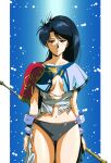  1980s_(style) 1girl armor ass_visible_through_thighs black_hair black_panties blue_background blue_eyes border breasts center_opening collarbone commission dress expressionless hikaru_(mikan0407) holding holding_staff jessica_(langrisser) langrisser light_particles light_rays long_hair medium_breasts navel panties ponytail retro_artstyle shoulder_armor solo sparks staff standing teeth torn_clothes torn_dress underwear white_border white_dress 