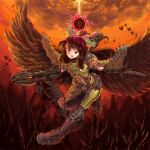  1girl arm_cannon armor armored_boots bird_wings boots bow breastplate brown_eyes brown_hair cacodemon cloud cloudy_sky combat_knife commentary cosplay crossover doom_(series) doom_eternal doomguy doomguy_(cosplay) fishnets floating full_body gauntlets green_bow hair_bow highres insignia knife long_hair looking_at_viewer open_mouth radiation_symbol reiuji_utsuho shoulder_armor shoulder_cannon sky smile solo_focus sunyup touhou v-shaped_eyebrows very_long_hair weapon wings wrist_blades 