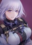  1girl bangs breasts earpiece eyebrows_visible_through_hair face filha girls&#039;_frontline highres large_breasts looking_at_viewer parted_lips purple_eyes red_background rpk-16_(girls&#039;_frontline) short_hair silver_hair smile strap tactical_clothes upper_body 