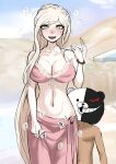  1boy 1girl akisora bikini blonde_hair blush bracelet braid breasts cleavage collarbone cowboy_shot danganronpa_(series) danganronpa_2:_goodbye_despair danganronpa_s:_ultimate_summer_camp day eyebrows_visible_through_hair helm helmet hetero highres jewelry large_breasts long_hair looking_at_viewer monokuma navel outdoors pink_bikini sarashi sonia_nevermind stomach swimsuit translation_request 