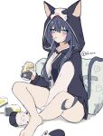  1girl animal_ears animal_hood arknights black_hair black_hoodie blaze_(arknights) blue_eyes blush can cat_ears cat_girl cat_hood cat_tail drawstring drinking_straw drinking_straw_in_mouth eyebrows_visible_through_hair hairband highres holding holding_can hood hood_up hoodie indian_style mouth_hold official_alternate_costume pirorr red_hairband simple_background sitting solo tail twitter_username two-tone_hoodie white_background white_hoodie 