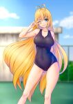  1girl absurdres arm_behind_back bangs black_swimsuit blonde_hair blue_eyes blue_sky blurry blurry_background breasts chain-link_fence cloud cloudy_sky commentary_request covered_navel day depth_of_field eyebrows_visible_through_hair fence grin highres large_breasts long_hair looking_at_viewer mikuru_beam nicchi one-piece_swimsuit one_eye_closed outdoors partial_commentary school school_swimsuit sky smile solo standing swimsuit tsurumaki_maki v very_long_hair voiceroid 