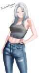  1girl bare_shoulders blush breasts cleavage closed_mouth collarbone commission contrapposto denim eyebrows_visible_through_hair feet_out_of_frame grey_shirt hand_on_hip high-waist_pants highres ichinose_(ichinose1592) jeans light_blue_eyes light_blue_hair long_hair looking_at_viewer medium_breasts navel original pants shirt skeb_commission solo standing white_background 