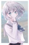  1girl bangs beach black_skirt blue_bow blue_eyes blurry blurry_background bow commentary_request day depth_of_field eyebrows_visible_through_hair grey_hair grey_sailor_collar hair_between_eyes hand_up highres horizon long_sleeves looking_at_viewer misumi_(macaroni) ocean original parted_lips sailor_collar sand school_uniform serafuku shirt skirt sleeves_past_wrists solo water white_shirt 