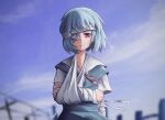  1girl absurdres ayanami_rei bandaged_arm bandages bangs blue_hair eyebrows_visible_through_hair eyepatch gainax highres kanpaithighs looking_at_viewer md5_mismatch neon_genesis_evangelion red_eyes school_uniform shirt short_hair skirt solo 