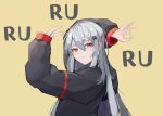  1girl absurdres ahoge alternate_costume arknights bangs black_jacket goodbye_sengen_(vocaloid) hair_between_eyes hair_ornament highres hood hood_down hooded_jacket jacket long_hair ok_sign parody parted_lips red_eyes silver_hair skadi_(arknights) solo upper_body v yuu_azma 