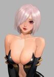  1girl bangs bare_shoulders black_sleeves breasts cleavage collarbone commission copyright_request detached_sleeves eyebrows_visible_through_hair eyes_visible_through_hair grey_background grey_hair hair_over_one_eye highres hongcasso large_breasts mole mole_on_breast open_mouth original red_eyes shiny shiny_clothes shiny_hair short_hair simple_background smile upper_body v_arms 