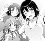  3girls eyebrows_visible_through_hair greyscale grin harada_miyo himekawa_yuki idolmaster idolmaster_cinderella_girls long_hair monochrome multiple_girls one_eye_closed see-through selfie shirt short_hair simple_background smile standing sweat t-shirt takafuji_kako tank_top tareme tokita_arumi v waving 