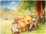  1girl ahoge blue_eyes chocobo closed_mouth cloud final_fantasy final_fantasy_fables green_hair mai_(tsupiem) open_mouth pink_hair robe shirma short_hair smile toes tree white_mage 