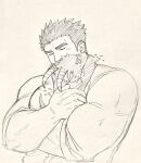  1boy bara creature crying fle0423 greyscale hug large_pectorals male_focus master_3_(housamo) monochrome muscular muscular_male pectorals salomon_(housamo) short_hair sideburns sketch sleeves_rolled_up solo_focus thick_eyebrows tokyo_afterschool_summoners traditional_media upper_body 