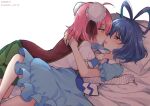  2girls arms_around_back backlighting bandaged_arm bandages blue_hair bun_cover commentary_request dated double_bun eyebrows_visible_through_hair french_kiss hair_ornament hair_rings hair_stick highres ibaraki_kasen kaku_seiga kiss lying medium_hair multiple_girls on_back open_mouth ougi_hina pillow pink_hair puffy_short_sleeves puffy_sleeves saliva saliva_trail short_sleeves tabard tongue tongue_out touhou twitter_username white_background yuri 