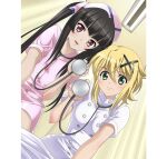  2girls akatsuki_kirika black_hair blonde_hair blush breasts closed_mouth eyebrows_visible_through_hair from_below green_eyes hair_ornament hat indoors long_hair looking_at_viewer medium_breasts multiple_girls nurse nurse_cap open_mouth pov red_eyes senki_zesshou_symphogear senki_zesshou_symphogear_xd_unlimited shiny shiny_hair shiny_skin short_hair small_breasts smile stethoscope tsukuyomi_shirabe twintails x_hair_ornament 