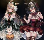  2girls animal_ears ascot bangs black_background black_gloves black_hair black_hairband black_legwear black_wings brooch brown_eyes brown_hair candy chiachun0621 closed_mouth commentary demon_wings detached_collar dress ear_ribbon eyebrows_visible_through_hair fang food frilled_dress frilled_hairband frills gloves green_dress green_hairband hairband halloween halloween_bucket halloween_costume halterneck head_tilt highres holding horse_ears horse_girl horse_tail jewelry kitasan_black_(umamusume) long_hair long_sleeves looking_at_viewer medium_dress multicolored_hair multiple_girls off-shoulder_dress off_shoulder open_mouth petticoat red_dress red_eyes satono_diamond_(umamusume) short_dress short_hair skin_fang sleeveless sleeveless_dress smile standing streaked_hair tail thighhighs torn_clothes torn_legwear umamusume very_long_hair white_hair wings 