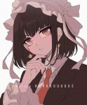  1girl artist_name bangs black_hair blunt_bangs brown_jacket celestia_ludenberg collared_shirt commentary criis-chan danganronpa:_trigger_happy_havoc danganronpa_(series) earrings eyebrows_visible_through_hair hand_on_own_chin hand_up headdress jacket jewelry looking_at_viewer nail_polish necktie red_eyes red_nails red_necktie shirt short_hair simple_background solo white_background 
