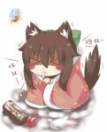  &gt;_&lt; 1girl :&lt; animal_ears arm_cannon bangs blanket blush bow brown_hair chibi chinese_commentary chinese_text closed_eyes closed_mouth commentary_request control_rod dog_ears dog_tail eyebrows_visible_through_hair feng_ling_(fenglingwulukong) frozen green_bow hair_between_eyes hair_bow long_hair reiuji_utsuho sick sidelocks snot solo tail touhou translation_request trembling weapon white_background 
