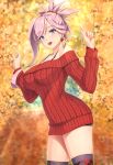  1girl :d aran_sweater asymmetrical_hair blue_eyes breasts fate/grand_order fate_(series) hammerman_benkei index_finger_raised large_breasts miyamoto_musashi_(fate) off-shoulder_sweater off_shoulder open_mouth pink_hair ponytail red_sweater smile solo sweater thighhighs thighs 
