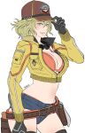  1girl baseball_cap belt black_gloves blonde_hair butcha-u cidney_aurum cropped_jacket denim denim_shorts final_fantasy final_fantasy_xv gloves goggles goggles_around_neck green_eyes hat highres jacket lips navel shorts solo utility_belt white_background wrench yellow_jacket 