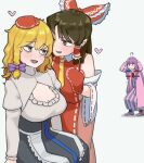 !? 3girls :3 bad_id bad_twitter_id bangs benikurage_(cookie) black_dress blonde_hair blue_bow blush boots bow braid breasts brown_eyes brown_hair cleavage cleavage_cutout clothing_cutout collared_dress commentary cookie_(touhou) cowboy_shot detached_sleeves dress eyebrows_visible_through_hair footwear_bow frilled_bow frilled_hair_tubes frills full_body green_eyes hair_bow hair_tubes hakurei_reimu hands_on_own_head heart highres juliet_sleeves kirisame_marisa large_breasts long_hair long_sleeves looking_at_another mars_(cookie) medium_hair multi-tied_hair multiple_girls necktie no_hat no_headwear ohasi open_mouth patchouli_knowledge pink_coat puffy_sleeves purple_bow purple_dress purple_eyes purple_hair red_bow red_dress red_mittens rei_no_himo ribbon-trimmed_dress ribbon-trimmed_sleeves ribbon_trim shirt side_braid sideless_outfit simple_background single_braid sleeveless sleeveless_dress striped striped_dress taisa_(cookie) touhou vertical-striped_dress vertical_stripes white_shirt white_sleeves yellow_necktie 