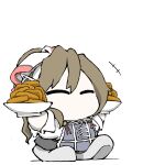  1girl ^_^ ashigara_(kancolle) black_skirt bowl brown_hair chibi closed_eyes commentary_request food fried_fish grey_footwear holding kantai_collection long_hair no_mouth purple_apron shirt shoes simple_background skirt solo task_(s_task80) wavy_hair white_background white_shirt 