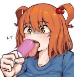  1girl bad_id bad_twitter_id bangs blue_shirt brown_eyes commentary_request cookie_(touhou) eating eyebrows_visible_through_hair food hair_bobbles hair_ornament highres holding holding_food looking_at_food ohasi onozuka_komachi open_mouth orange_hair popsicle shaded_face shirt shishou_(cookie) short_hair simple_background solo tongue tongue_out touhou two_side_up upper_body white_background 
