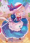  1girl apron blonde_hair blue_dress bow brown_footwear dress frilled_apron frills hat hat_bow highres kana_anaberal kotonoman open_mouth puffy_short_sleeves puffy_sleeves red_bow road_sign short_sleeves sign sun_hat touhou touhou_(pc-98) white_apron white_hair yellow_eyes 