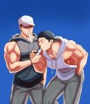  2boys abs backwards_hat bara bare_arms bare_shoulders baseball_cap black_hoodie drinking feet_out_of_frame fle0423 grey_pants hat highres hood hoodie large_pectorals male_focus mole mole_under_eye multiple_boys muscular muscular_male nipples original pants pectorals short_hair sideburns sidepec sleeveless sleeveless_hoodie sweat thick_thighs thighs white_hoodie 