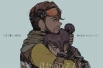  1boy 1girl alisame apex_legends black_hair blue_background blue_eyes bodysuit brown_eyes brown_hair brown_scarf facial_hair goatee goggles goggles_on_head hair_behind_ear hair_bun highres hug mirage_(apex_legends) nose_piercing piercing scarf translation_request undercut wraith_(apex_legends) yellow_bodysuit 