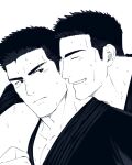  2boys arm_around_shoulder bara blush eyebrow_cut fle0423 graphite_(medium) greyscale highres large_pectorals male_focus monochrome multiple_boys muscular muscular_male original pectoral_cleavage pectorals short_hair sideburns sweat traditional_media upper_body yaoi 