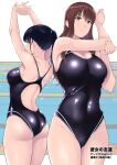  2girls aqua_eyes ass back black_hair blush breasts brown_hair cleavage competition_swimsuit covered_navel cowboy_shot highres jyura long_hair looking_at_viewer multiple_girls one-piece_swimsuit original ponytail purple_eyes smile swimsuit 
