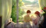  1boy 1girl baby bed birth blurry blurry_foreground brown_hair curtains hetero highres hospital_bed indoors looking_at_another original otsune_(pixiv_36350590) pink_shirt ponytail shadow shirt sidelocks sitting tree 
