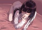  1girl absurdres all_fours asase_yuugi ass bangs barefoot black_hair blush bottomless brown_eyes commentary_request dated eyebrows_visible_through_hair finger_to_mouth glasses haks herio highres long_hair long_sleeves looking_at_viewer naked_shirt saliva shirt smile solo tongue tongue_out white_shirt 