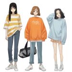  3girls absurdres bag bare_legs black_hair blue_pants blue_sweater bob_cut brown_hair commentary_request denim full_body grey_eyes hand_in_pocket hand_up highres holding holding_bag jeans long_hair long_sleeves looking_at_viewer medium_hair multiple_girls open_mouth orange_sweater original pants parted_lips shirt shoes short_hair simple_background sleeves_past_fingers sleeves_past_wrists sneakers striped striped_shirt sweater teeth upper_teeth white_background white_footwear white_shirt yellow_shirt yoon_cook 