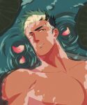  1boy bara black_hair blonde_hair colored_skin dark-skinned_male dark_skin fle0423 floating highres large_pectorals lily_pad looking_at_viewer male_focus multicolored_hair multicolored_skin muscular muscular_male nude original pale_skin pectorals petals short_hair sideburns solo two-tone_hair two-tone_skin upper_body vitiligo 