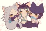  1girl 2boys animal_ears beige_background black_hair cat_ears cat_tail chewing chibi commentary_request fish full-body_tattoo grey_hair hat highres hitoshura kemonomimi_mode looking_at_viewer multiple_boys nitta_isamu one_eye_closed paw_print paw_print_background shin_megami_tensei shin_megami_tensei_iii:_nocturne surume_imo tachibana_chiaki_(smt3) tail tattoo yellow_eyes 