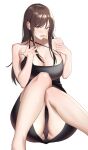  1girl bangs bare_shoulders black_dress blush breasts breasts_day brown_hair cleavage collarbone dress eye_piercing eyebrows_visible_through_hair feet_out_of_frame hair_between_eyes hand_on_breast highres ichinose_(ichinose1592) large_breasts long_hair looking_at_viewer mole mole_on_breast mole_under_eye on_floor open_mouth original panties pantyshot purple_panties sitting solo teeth underwear white_background yellow_eyes 