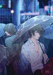  2boys absurdres artist_name blurry blurry_background brown_eyes city crowd given hair_over_one_eye hands_in_pockets highres holding holding_umbrella hood kaji_akihiko looking_at_viewer mouth_hold multiple_boys murata_ugetsu ngkhyn outdoors rain raincoat shirt short_hair smoking transparent transparent_umbrella umbrella white_shirt 