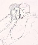  2boys bandaged_hand bandages bara crying crying_with_eyes_open fle0423 forehead-to-forehead graphite_(medium) greyscale hand_on_another&#039;s_face heads_together male_focus master_3_(housamo) monochrome multiple_boys muscular muscular_male pollux_(housamo) short_hair sideburns sketch tears tokyo_afterschool_summoners traditional_media upper_body yaoi 