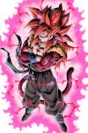  1boy aura black_legwear black_pants blue_eyes body_fur closed_mouth crossed_arms dragon_ball dragon_ball_heroes electricity energy full_body glowing gogeta gogeta_(xeno) highres long_hair looking_at_viewer looking_up male_focus metamoran_vest monkey_boy monkey_tail muscular muscular_male obi pants pectorals pink_fur red_fur red_hair saiyan sash solo spiked_hair super_full_power_saiyan_4_limit_breaker super_saiyan super_saiyan_4 tail wristband youngjijii 