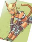  1girl animal_ears avatar_(ff11) blonde_hair blue_pupils breasts cat_ears cat_girl cat_tail cleavage dark-skinned_female dark_skin elbow_gloves final_fantasy final_fantasy_xi fingerless_gloves gloves grass grey_gloves hands_on_own_legs light_blue_eyes loincloth mithra_(ff11) navel no_eyebrows short_hair sitting solo tail toeless_footwear yuccoshi 
